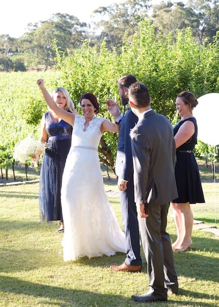 Karl Wagenfellar and Anda Mundy on their wedding day at Hewitson Winery