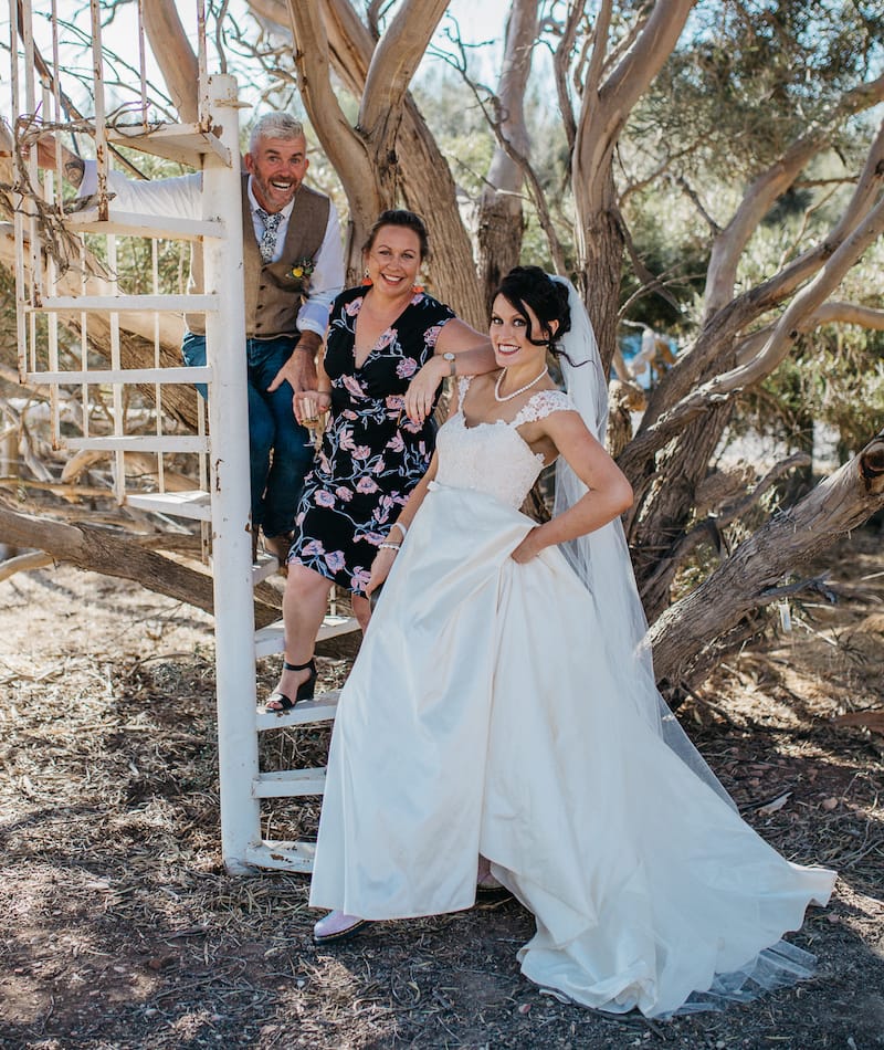 Damien Arnott and Genevieve McLeod on their wedding day at Sellicks Beach Chapel