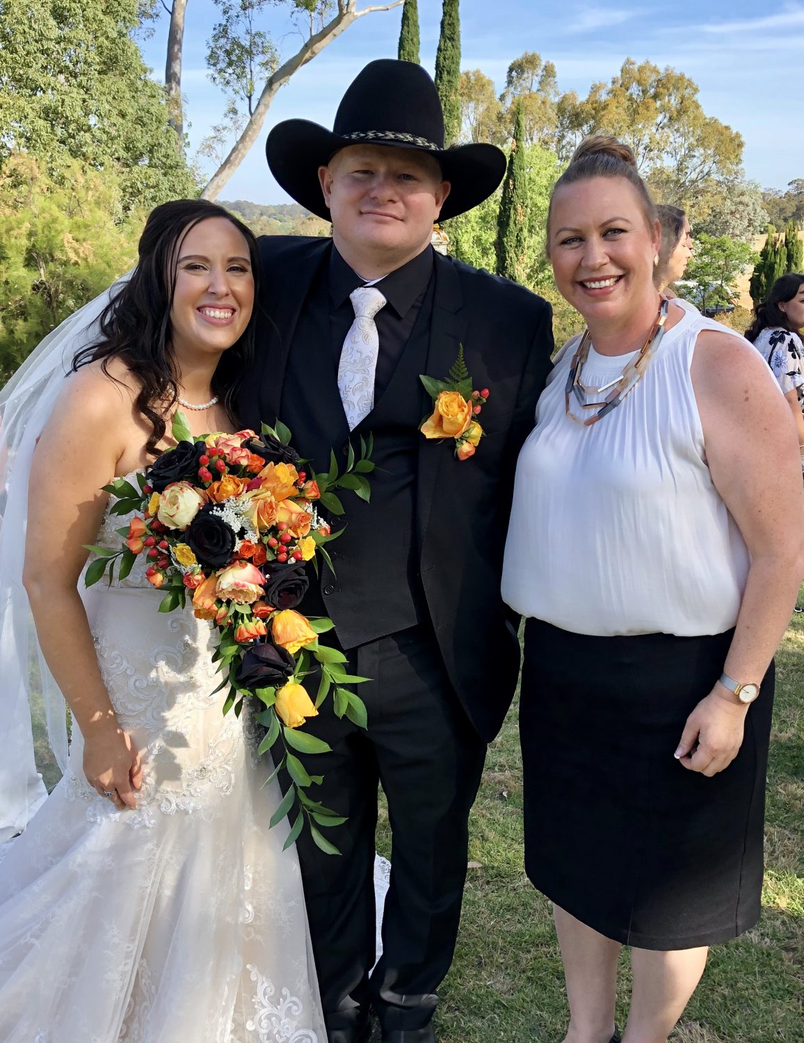 Amanda and James Pinkerton on their wedding day at Littlewood Agapanthus Farm
