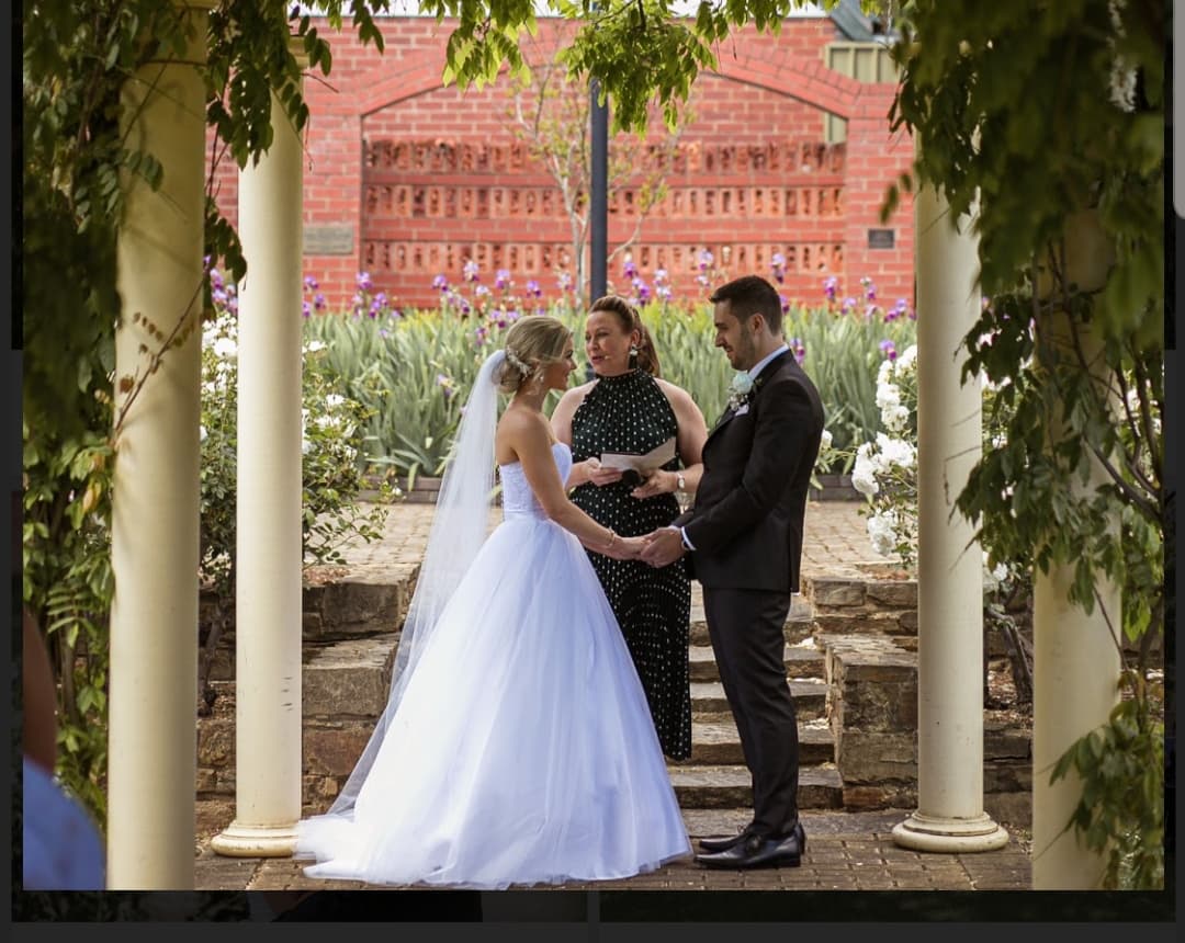 Samantha and Jamie Barnett on their wedding day at Barker Gardens, Prospect